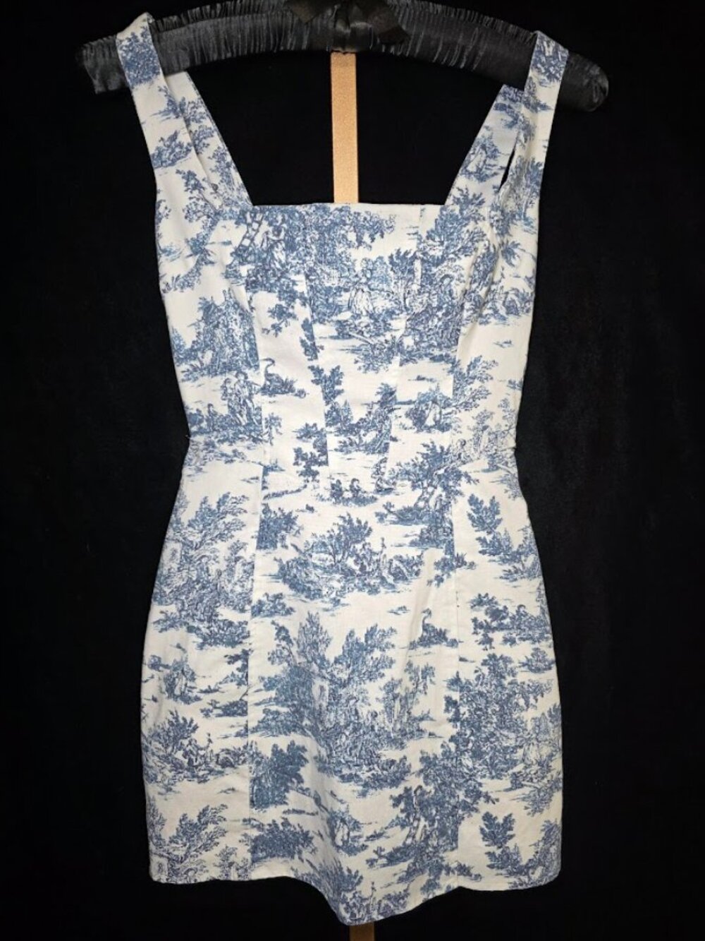 TIC TOC Blue Toile Lace-Up Back Linen Blend Mini Dress S